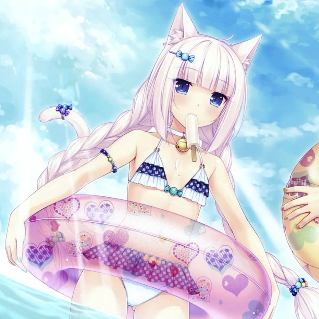 White-haired catgirl with a swim ring and an ice pop under a blue sky
