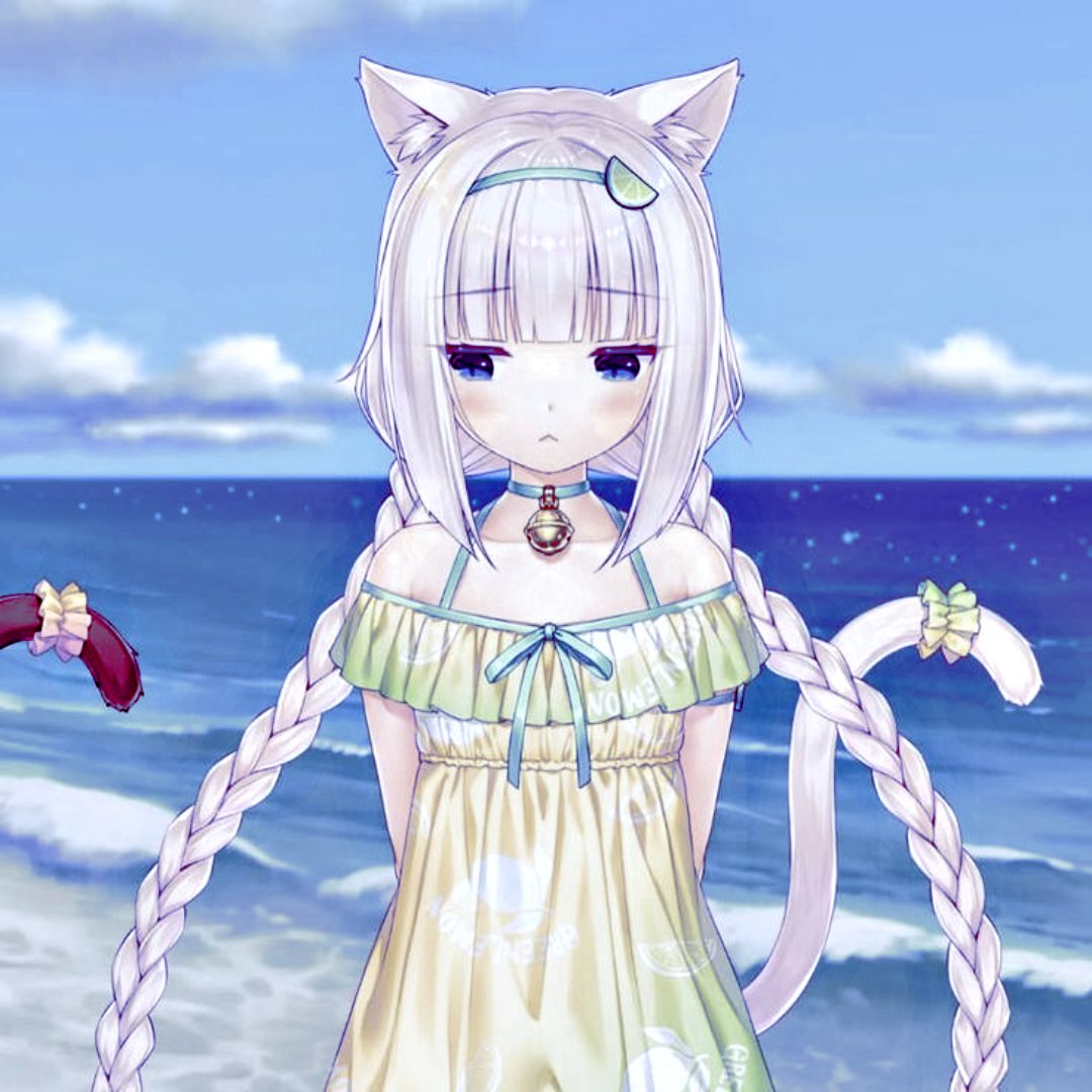 White-haired catgirl in a yellow dress by the sea