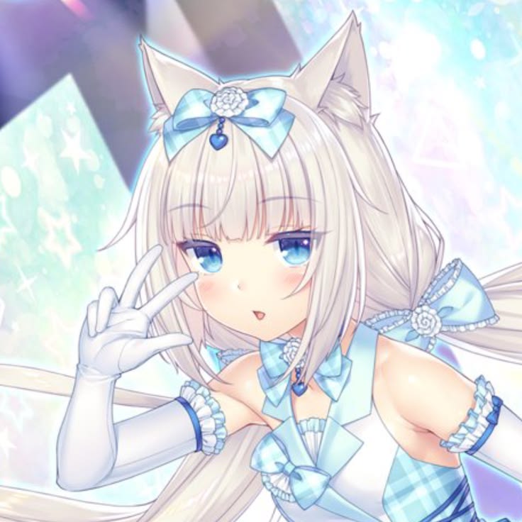 Vanilla from Nekopara with a blue bow and a raised hand